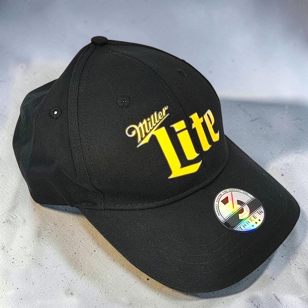 Miller Lite Hat Black Baseball Cap Yellow 3D Logo Adjustable Strap Three In NEW